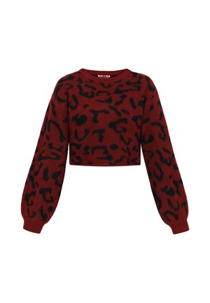 Pulover roșu scurt, cu mâneci lungi și bulbate, având un model de imprimeu leopard negru. Fabricat dintr-un material tricotat texturat.