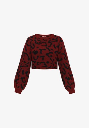 Punane lühike sviiter pikkade balloon-sieregadega, millel on must leopardimustriga disain. Valmistatud tekstuurses kudumisest.