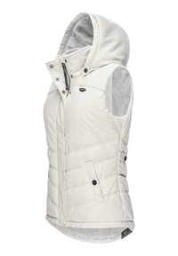 Gilet imbottito senza maniche di colore chiaro con cappuccio, dotato di chiusure a zip e bottone, texture a righe verticali e due tasche laterali.