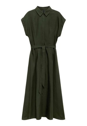 Khaki green dress with a collared neckline, short sleeves, and a waist belt. Made of smooth fabric, featuring a full skirt and pleats.