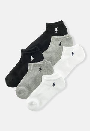 Three pairs of ankle socks in black, gray, and white, made from cotton blend, each with a small embroidered logo.
