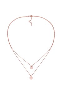Rose gold double-layer necklace featuring two circular pendants. Smooth texture with a delicate chain and adjustable clasp.