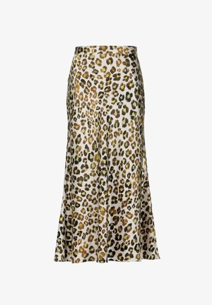Falda de seda con estampado de leopardo, fondo neutro con manchas marrones y verdes, diseño acampanado, de longitud media, textura suave, sin cierres visibles.