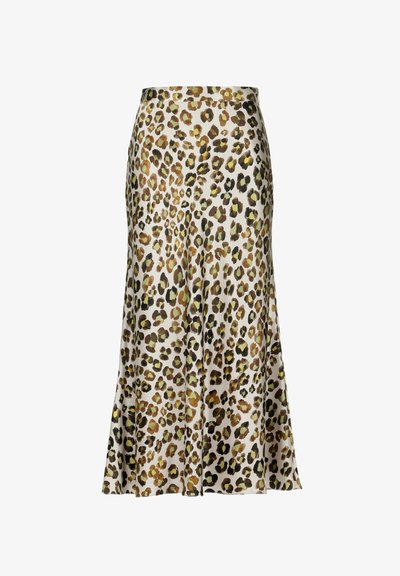 Selyemből készült leopárdmintás szoknya, semleges háttérrel, barna és zöld foltokkal, harang kialakítású, közép hosszúságú, sima textúrájú, látható záródás nélkül.