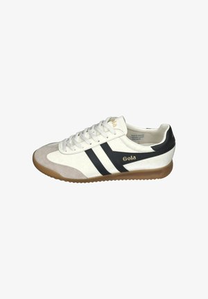 White and beige Gola sneaker with black side stripes, gum sole, lace-up design, and logo on the side and tongue.