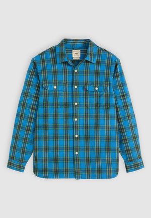 Blue plaid flannel shirt with black and yellow accents; features a collar, button front, two front pockets, and long sleeves.
