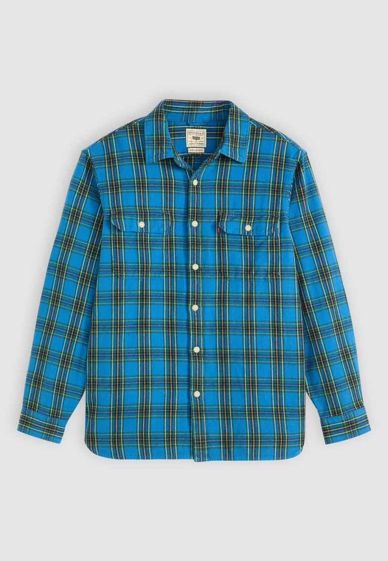 Blaues karierter Flanellhemd mit schwarzen und gelben Akzenten; verfügt über einen Kragen, eine Knopfleiste, zwei vordere Taschen und lange Ärmel.