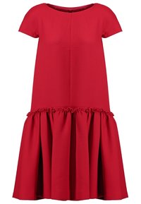 Vestido rojo de manga corta con escote redondo y detalle de volante fruncido en el borde de la falda.