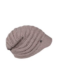 Knitted mauve beanie with a short visor and ribbed diagonal pattern, featuring a small round metallic logo on the side.