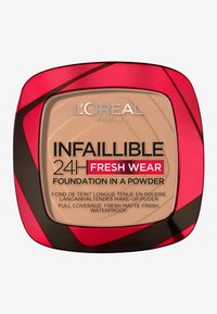 L'Oréal Infallible 24H Fresh Wear foundation in poederformaat. Vierkante compact met een rood en zwart ontwerp, met een matte beige poeder binnenin.