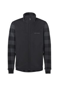 Giacca softshell nera con maniche a scacchi neri e grigi. Presenta un colletto alto, chiusura con zip e due tasche laterali.