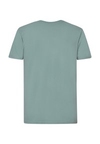 Licht teal katoenen T-shirt, korte mouwen, ronde hals, zachte textuur, eenvoudig ontwerp, geen zichtbare patronen of accenten. Achteraanzicht weergegeven.