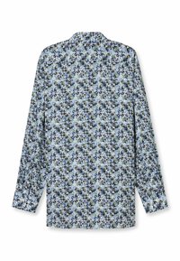 Langärmliges Hemd mit einem Blumenmuster in Blau, Grün und Schwarz auf hellblauem Hintergrund, mit klassischem Kragen und geknöpften Manschetten.