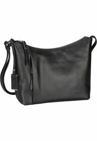 Schwarze Leder-Schultertasche mit strukturierter Oberfläche, geschwungener Oberseite, Reißverschluss und verstellbarem Tragegurt. Verfügt über ein kleines Metalletikett.