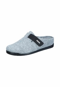 Gray felt slipper with a black strap across the instep, lightweight design, and a black rubber outsole for durability and grip.