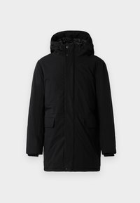 Zwarte geïsoleerde parka-jack met een capuchon, drukknoopsluiting, twee voorzakken en een rechte snit met elastische manchetten.