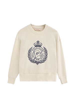 Felpa color crema con logo blu navy, decorato con una corona e un motivo a alloro. Realizzata in tessuto morbido, con scollatura tonda e maniche lunghe.