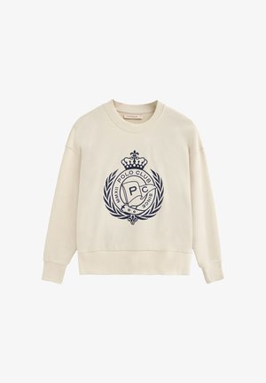 Cremefarvet sweatshirt med et navy logo med krone og laurbærdesign. Lavet af blødt stof, med rund halsudskæring og lange ærmer.