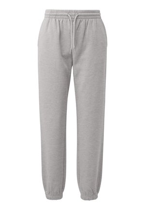Light gray sweatpants with elastic waistband, adjustable drawstring, side pockets, and elastic cuffs at the ankles.
