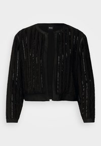 Μαύρο κοντό σακάκι με υφασμάτινες κάθετες ραβδώσεις με παγιέτες, ανοιχτό μπροστά και μακριά μανίκια σε κομψό και στυλάτο σχέδιο.