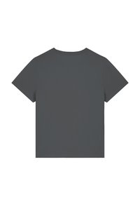 Grijze T-shirt met korte mouwen, ronde hals, gemaakt van zachte stof met een gladde textuur, zonder patronen of versieringen, alleen achteraanzicht.