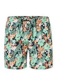 Bloemrijke badshorts met een marineblauwe basis en groene, oranje en witte patronen. Elastische tailleband met koord, lichte stof.