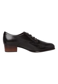 Scarpa nera in pelle con lacci, dalla finitura liscia, punta arrotondata e un tacco in legno modesto. Presenta cuciture decorative lungo i lati.
