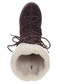 Bota de ante marrón con un cuello de piel sintética blanca, que presenta cordones marrones y costuras. El interior muestra un forro suave y texturizado.