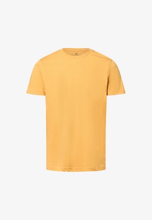 T-shirt à manches courtes de couleur jaune vif, fabriqué en tissu doux, avec un col rond et une coupe décontractée.