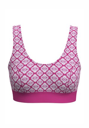 Roze geprinte bralette met een bloemdessin in wit en lichtblauw, voorzien van brede bandjes en een effen roze band aan de onderkant.