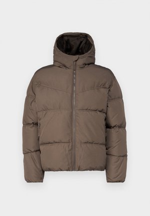 Brown puffer jacket with a high collar, zip front, and side pockets; features quilted sections and a soft inner lining.