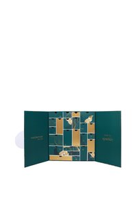 Calendrier de l'Avent avec un design vert foncé et doré. Comprend des compartiments numérotés, des motifs décoratifs et le texte "Il est temps de briller."