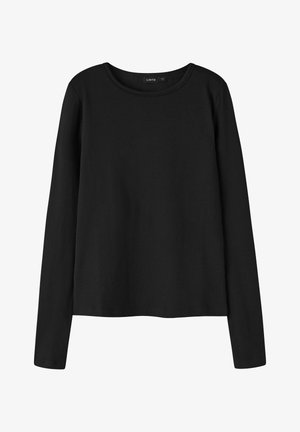 Chemise noire à manches longues en coton doux avec un col rond classique et une coupe droite. Design minimaliste sans motifs ni accents visibles.