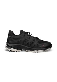 Chaussure de randonnée basse noire avec panneaux en mesh, semelle renforcée et système de laçage rapide, vue de profil sur fond blanc.