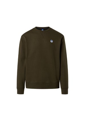 Olivgrüner Sweatshirt mit Rundhalsausschnitt und gerippten Bündchen. Verfügt über ein kleines blaues rundes Logo auf der Brust. Weicher, strukturierter Stoff.