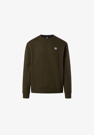 Olivgrüner Sweatshirt mit Rundhalsausschnitt und gerippten Bündchen. Verfügt über ein kleines blaues rundes Logo auf der Brust. Weicher, strukturierter Stoff.