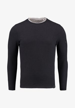 Black long-sleeve shirt made of textured fabric, featuring a solid color, a rounded neckline with white trim, and logo detail at the hem.