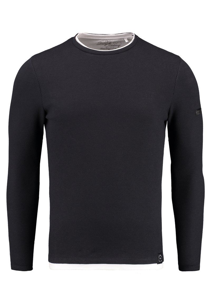 Schwarzes Langarmshirt aus strukturiertem Stoff, mit einfarbigem Design, Rundhalsausschnitt mit weißen Akzenten und Logodetail am Saum.