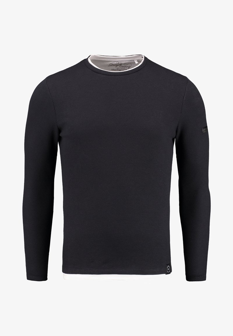 Schwarzes Langarmshirt aus strukturiertem Stoff, mit einfarbigem Design, Rundhalsausschnitt mit weißen Akzenten und Logodetail am Saum.