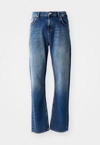Jeans i denim med raka ben, ljus och mörkblå tvätt med avfärgning, fem fickor och knappstängning.