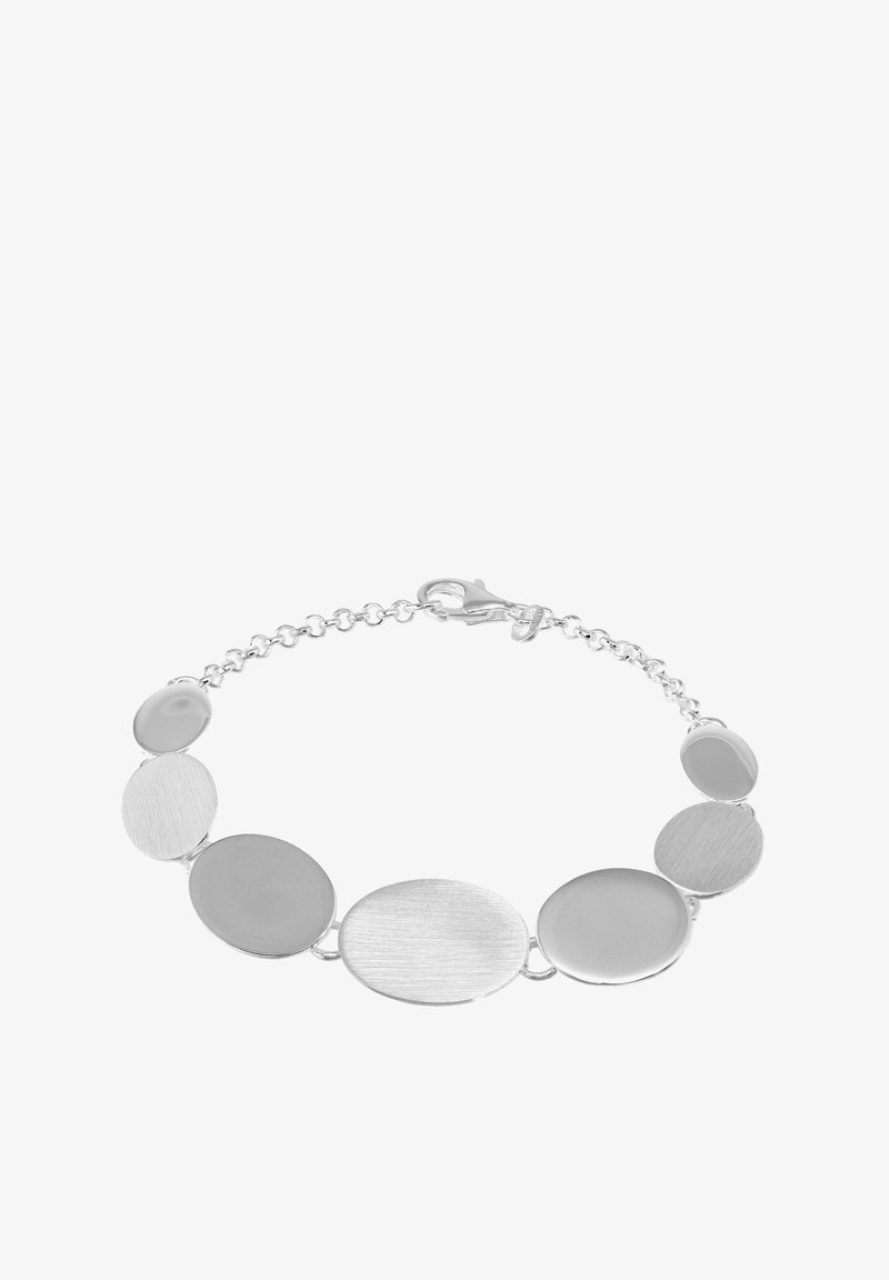 Silver bracelet featuring alternating polished and brushed oval links connected by a chain, with a lobster clasp closure.