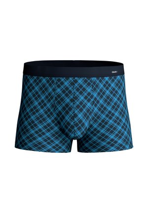 Boxer briefs in dark blue featuring a light blue diamond plaid pattern. Made from soft fabric with a smooth elastic waistband.