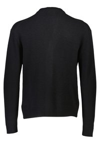 Pull noir à manches longues en maille avec poignets, ourlet et encolure ronde côtelés, vu de dos.