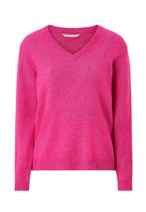 Jasnoróżowy sweter z długim rękawem i dekoltem w serek, z prążkowanymi mankietami i dolnym brzegiem, prezentowany na białym tle.