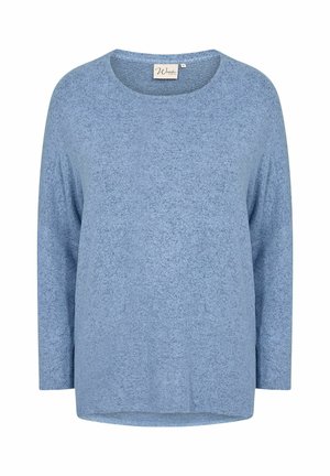 Blue sweater, round neckline, long sleeves, soft texture, heathered pattern, relaxed fit, slightly curved hem, label visible inside.
