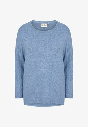 Sininen neule, pyöreä pääntie, pitkät hihat, pehmeä tekstuuri, heatheroitu kuvio, rento istuvuus, hieman kaareva helma, etiketti näkyvissä sisällä.