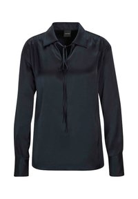 Marineblaue Satinbluse mit klassischem Kragen, geknöpften Manschetten und einem Bindeband am Hals. Sie verfügt über lange Ärmel und eine glatte Textur.