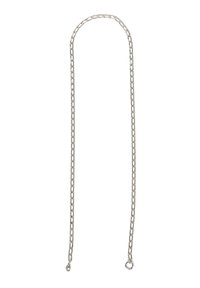 Srebrny naszyjnik z łańcuszka metalowego, z wydłużonymi ogniwami, gładką powierzchnią i okrągłymi pętlami na końcach. Długość wydaje się być regulowana.