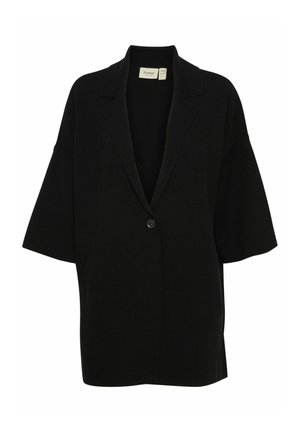Čierny oversize blazer s jedným gombíkom, so špicatými klopami a krátkymi rukávmi, vyrobený z hladkej tkaniny.
