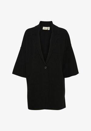 Blazer noir oversize avec une seule fermeture à bouton, revers crantés et manches courtes, fabriqué en tissu lisse.